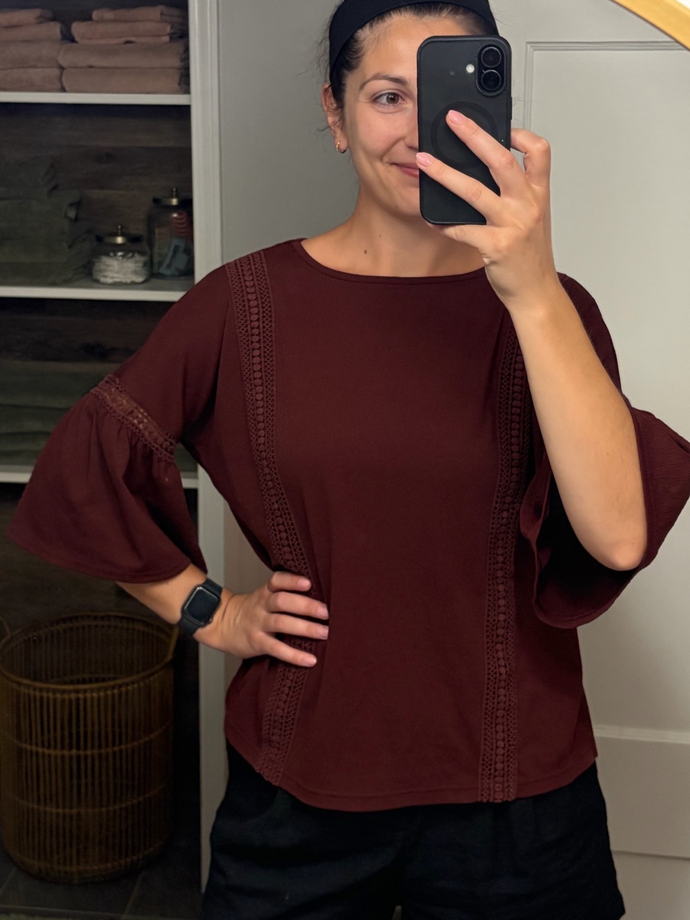 LC Lauren Conrad Maroon Lace-Trim Bell Sleeve Top